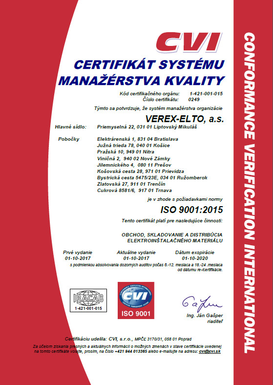 Certifikát ISO 9001:2015 SK  